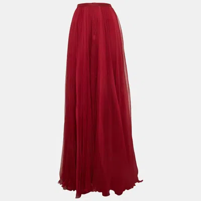 Pre-owned Elie Saab Burgundy Silk Chiffon Flared Slit Detail Maxi Skirt L