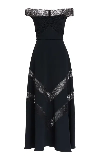 Elie Saab Cady & Lace Midi Dress In Black
