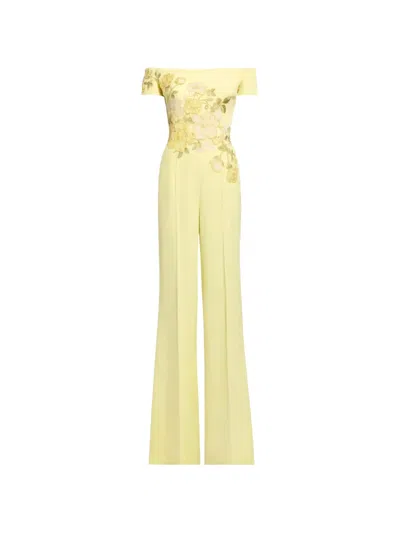Elie Saab Candy Floral-embroidered Off-shoulder Jumpsuit In Yellow