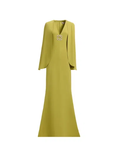 Elie Saab Cape-detail Brooch-embellished Maxi Dress In Green