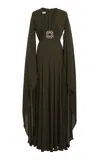 Elie Saab Capelet Silk Maxi Dress In Dark Green