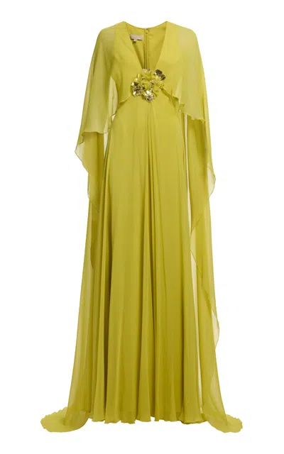 Elie Saab Cape-sleeve Silk Gown In Green