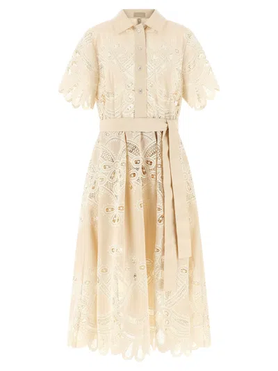 Elie Saab Embroidered Scalloped-hem Midi Dress In Neutral