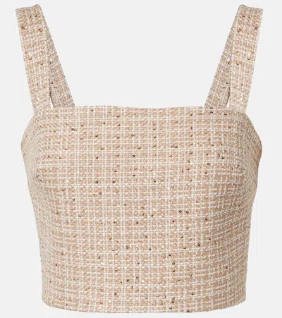 Elie Saab Checked Sequined Tweed Crop Top In Brown