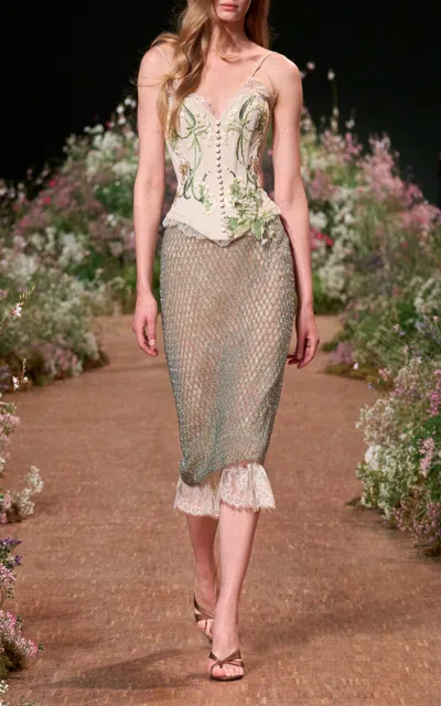 Elie Saab Corset Satin & Lace Top In Green