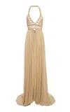 Elie Saab Cotton Crocheted Georgette Maxi Dress In Khaki