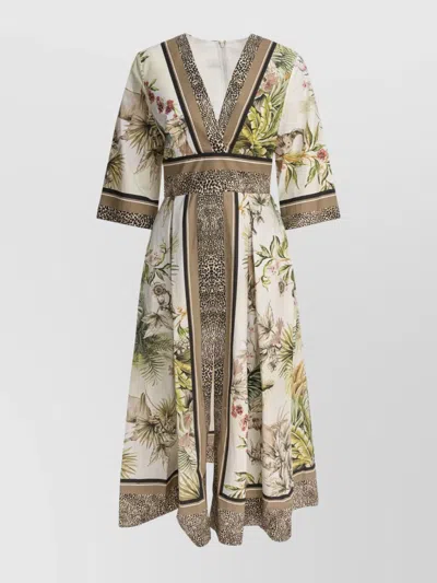 ELIE SAAB COTTON MIDI DRESS WITH FLORAL AND ANIMAL PRINT