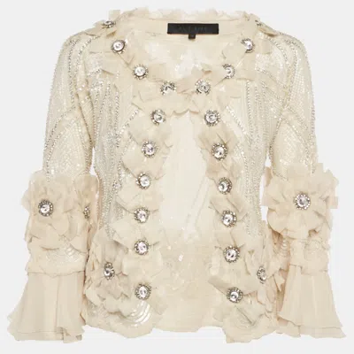 Pre-owned Elie Saab Cream Embellished Silk Ruffled Open Front Jacket S In White