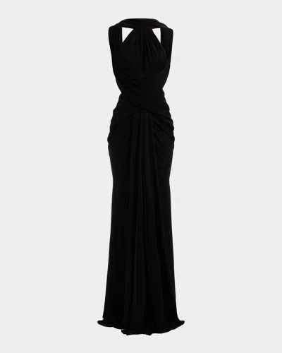 Elie Saab Crisscross Draped Jersey Backless Halter Gown In Black