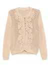 Elie Saab Ruffled Mesh Cotton Knit Cardigan In Brown