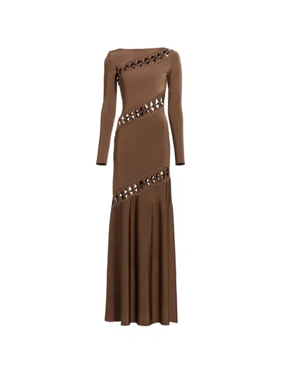 Elie Saab Cut-out Long-sleeve Dress In Brown