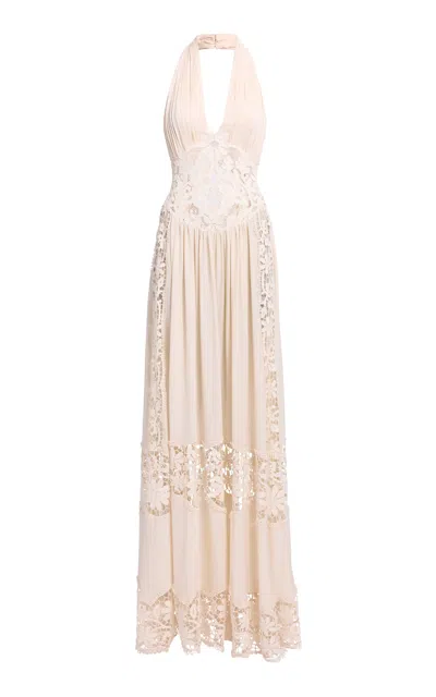 Elie Saab Double Georgette Macrame Long Dress In White
