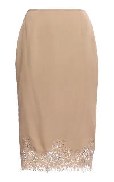 Elie Saab Double Georgette/lace Border Midi Skirt In Brown