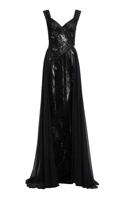 Elie Saab Draped Bead-embroidered Maxi Dress In Black