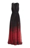 Elie Saab Draped Printed Silk Gown In Burgundy