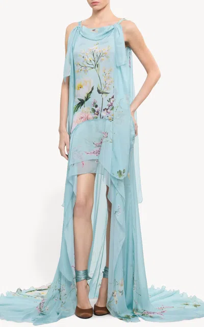 Elie Saab Draped Printed Silk Maxi Dress In Green