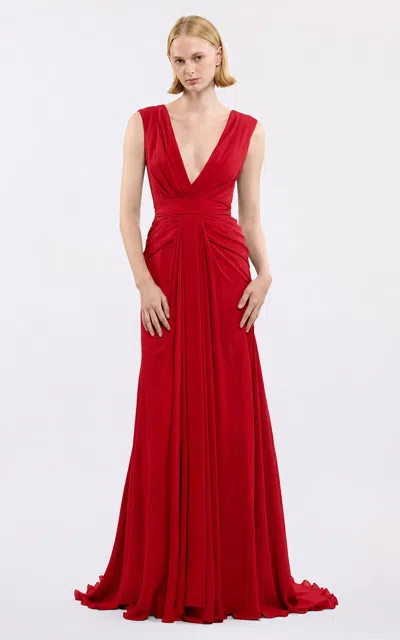 Elie Saab Draped V-neck Silk Maxi Dress In Red