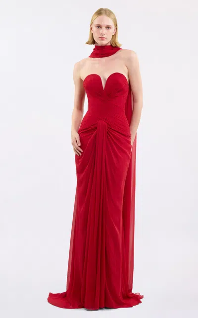 Elie Saab Drape-detailed Silk-blend Maxi Dress In Red