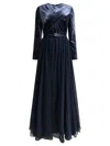 Elie Saab Velvet Pleated Maxi Dress With Belted Waist In Blue