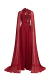 Elie Saab Embelished Cape-sleeve Cady Jumpsuit In Red