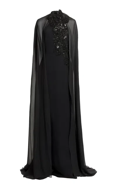 Elie Saab Embellished Cape-sleeve Cady Gown In Black