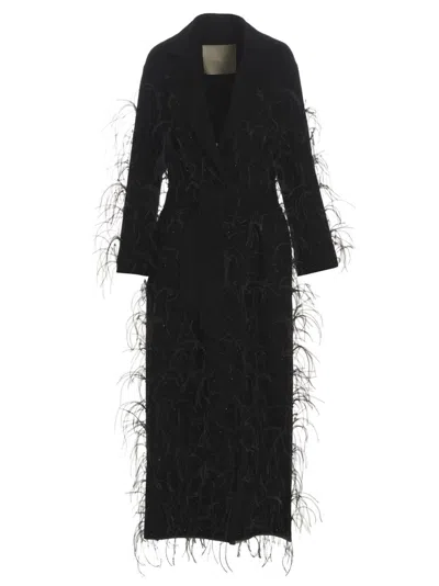 Elie Saab Embellished Feather Detailed Belted Coat In Black