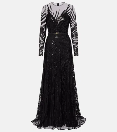 Elie Saab Sequin Tulle Embroidered Dress In Black