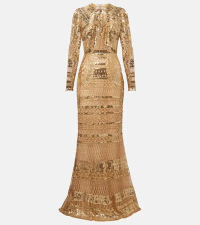 Elie Saab Embellished Metallic Tulle Gown In Gold