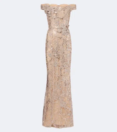 Elie Saab Embellished Silk-blend Tulle Gown In Beige