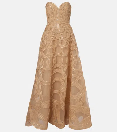 Elie Saab Embellished Tulle Bustier Gown In Brown