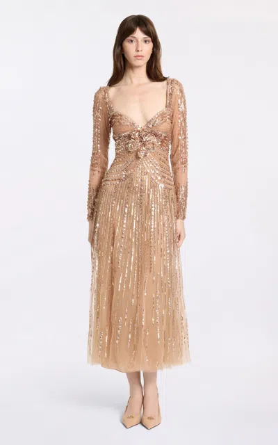 Elie Saab Embellished Tulle Midi Dress In Tan