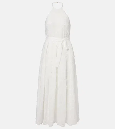 Elie Saab Embroidered Belted Cotton-blend Midi Dress In White