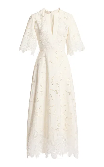 Elie Saab Embroidered Cotton Midi Dress In White