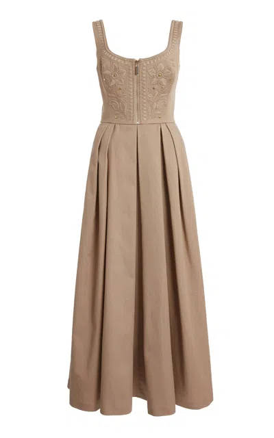 Elie Saab Embroidered Gabardine Midi Dress In Light Grey