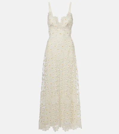 Elie Saab Embroidered Guipure Lace Tulle Maxi Dress In White