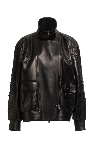 Elie Saab Embroidered Leather Bomber Jacket In Black