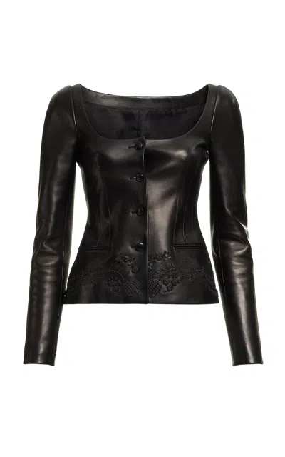 Elie Saab Embroidered Leather Scoop Neck Jacket In Black