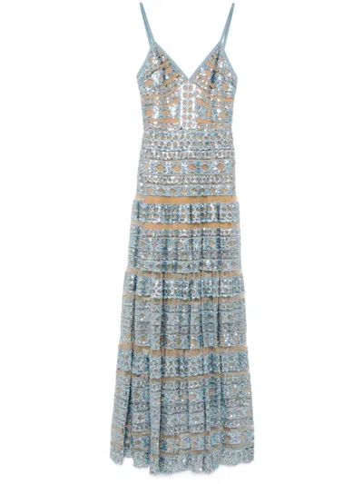 Elie Saab Embroidered Long Dress In Blue