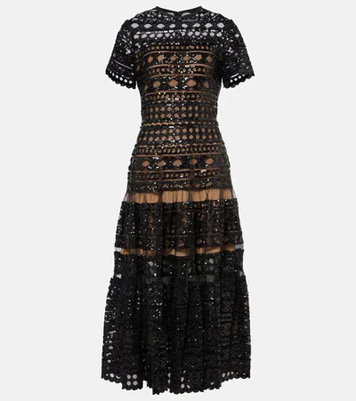 Elie Saab Embroidered Mesh Midi Dress In Black