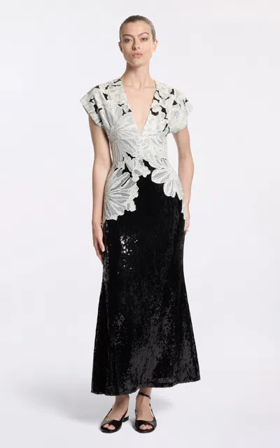 Elie Saab Embroidered Sequin Midi Dress In Black,white