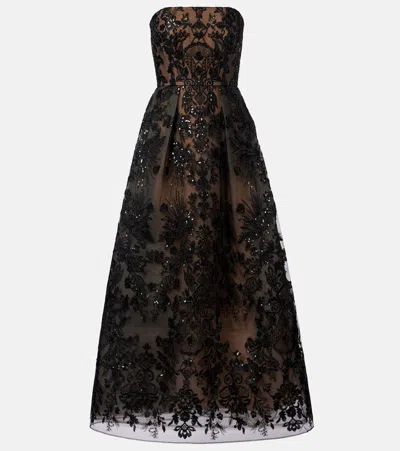 Elie Saab Strapless Sequin-embellished Embroidered Tulle Midi Dress In Black