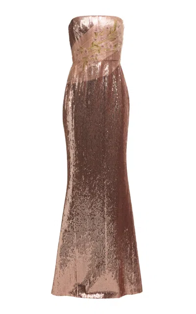 Elie Saab Embroidered Sequined Maxi Dress In Pink