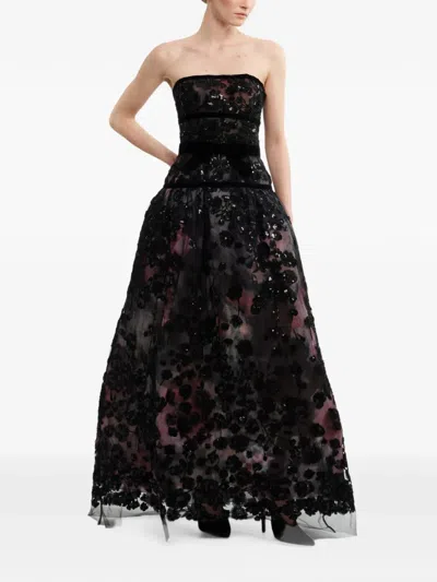 Elie Saab Embroidered Strapless A-line Maxi Gown Dress In 블랙