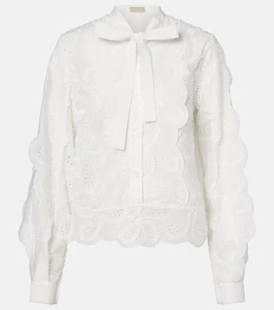 Elie Saab Embroidered Tie-neck Blouse In White