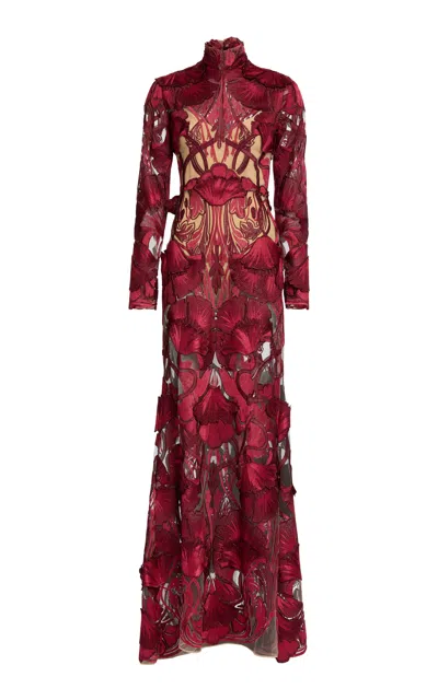 Elie Saab Embroidered Tulle Gown In Burgundy