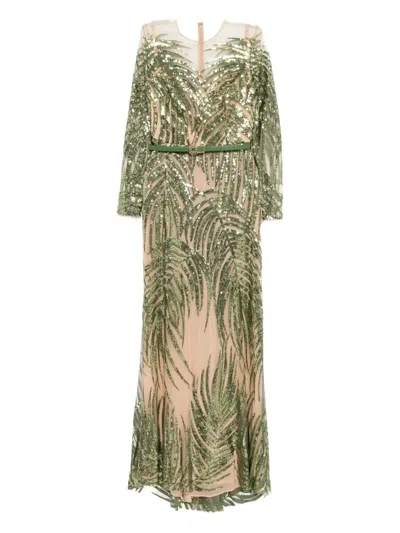 Elie Saab Embroidered Tulle Long Dress In Green