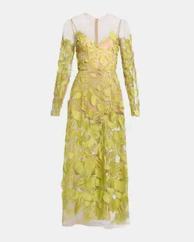 Elie Saab Embroidered Tulle Long-sleeve Illusion Midi Dress In Green