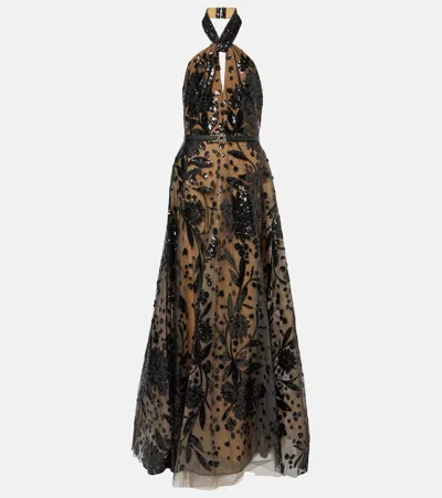 Elie Saab Embroidered Tulle Maxi Dress In Black