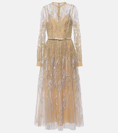 ELIE SAAB EMBROIDERED TULLE MIDI DRESS