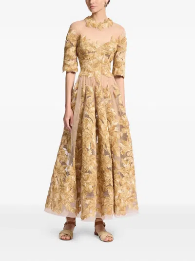 Elie Saab Embroidered Tulle Midi Dress In Yellow